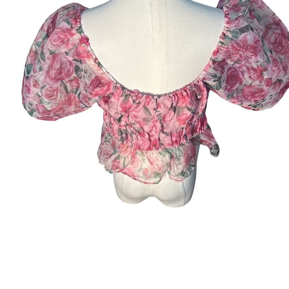 Joie Pink Floral Puff Sleeve Crop Blouse Romantic Coquette Top M - Picture 5 of 8